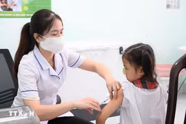 A nurse gives measles vaccine to a pupil. (Phôt: VNA)