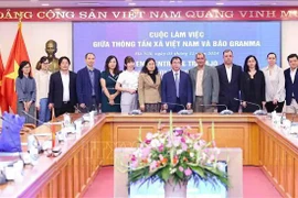 VNA Deputy General Director Nguyen Tuan Hung (sixth from right), Granma newspaper's Deputy Editor-in-Chief Oscar Alberto Sanchez Serra (fifth from right) and other delegates take a group photo at the meeting in Hanoi on December 3. (Photo: VNA)