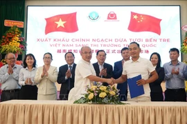 Vietnamese and Chinese enterprises sign a coconut purchase contract at a ceremony. (Photo: VNA)