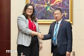 Chairman of the National Assembly's Committee for External Relations Vu Hai Ha (R) meets with Chairperson of the Foreign Affairs, National Defence, Islamic Affairs, and Moroccan Expatriates Committee of the Moroccan House of Representatives Salma Benaziz in Vientiane on October 20. (Photo: VNA)