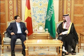 Prime Minister Pham Minh Chinh (L) meets with Saudi Arabia's Crown Prince and Prime Minister Mohammed bin Salman bin Abdulaziz Al Saud in Riyadh on October 29 (local time) (Photo: VNA)
