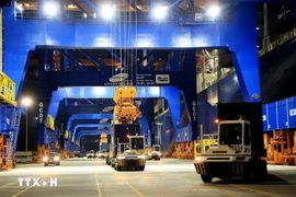 Transporting import and export containers at Gemalink International Port in Phu My town, Ba Ria-Vung Tau province (Photo: VNA)