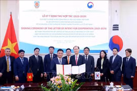 Deputy Prime Minister and Minister of Justice Le Thanh Long (front, left) and the Minister of Government Legislation of the Republic of Korea, Lee Wan Kyu, sign a letter of intent on cooperation in building a law information system in Vietnam for 2025-2029. (Photo: VNA)