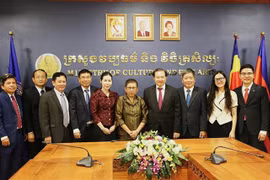 Vietnamese Deputy Minister of Culture, Sports and Tourism Ta Quang Dong (fourth from right), Cambodian Minister of Culture and Fine Arts Phoeurng Sackona (fifth from right), and other officials at the meeting in Phnom Penh on May 21. (Photo: VNA)