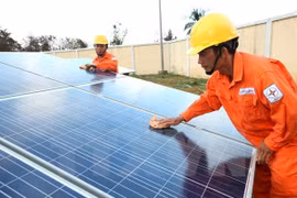 Two electricity workers clean solar panels (Photo: VNA)