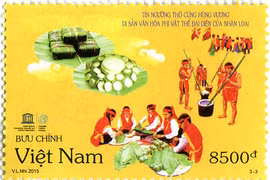 A stamp features the making of traditional "chung" and "day" cakes
