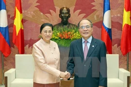 National Assembly Chairman Nguyen Sinh Hung (R) and his Lao counterpart Pany Yathotou (Photo: VNA)