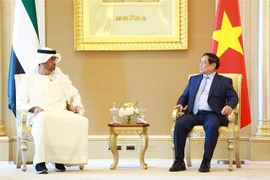 Prime Minister Pham Minh Chinh (right) and UAE Minister of Industry and Advanced Technology Sultan bin Ahmed Al Jaber, who is also Group CEO of the Abu Dhabi National Oil Company, at their meeting in Abu Dhabi on October 29. (Photo: VNA)