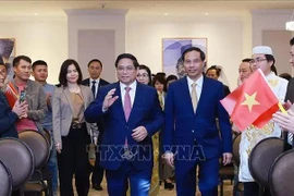 Prime Minister Pham Minh Chinh meets representatives of the Vietnamese Embassy and community in Qatar. (Photo: VNA)