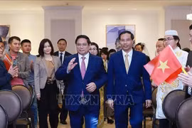 Prime Minister Pham Minh Chinh meets representatives of the Vietnamese Embassy and community in Qatar. (Photo: VNA)