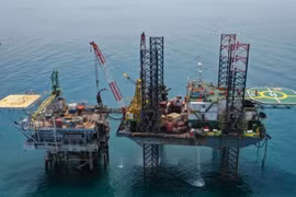 The Pertamina Hulu Energi (PHE) Offshore North West Java (ONWJ) oil and gas rig is pictured on April 2, 2023, in the waters off Indramayu, West Java. (Photo: Antara) 