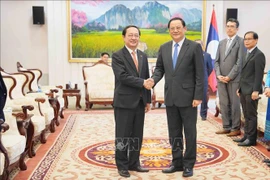 Lao Prime Minister Sonexay Siphandone (right) on May 29 receives Vietnamese Minister of Science and Technology Huynh Thanh Dat. (Photo: VNA)