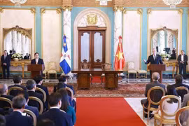 Vietnamese Prime Minister Pham Minh Chinh (standing, left) and President of the Dominican Republic Luis Abinader Corona chair a joint press conference on November 20 morning (local time) after their talks. (Photo: VNA)