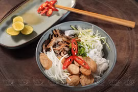 Enjoying vegetarian pho in Hanoi 
