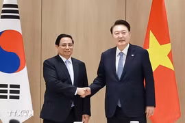 Prime Minister Pham Minh Chinh (L) meets with RoK President Yoon Suk Yeol (Photo: VNA)
