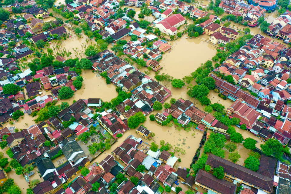 An aerial view of Hoi An in floodings. (Photo: VNA)