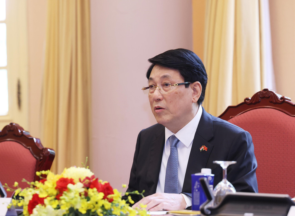 State President Luong Cuong speaks during the talks. (Photo: VNA)