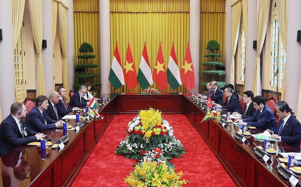 State President Luong Cuong holds talks with Hungarian President Sulyok Tamas. (Photo: VNA)