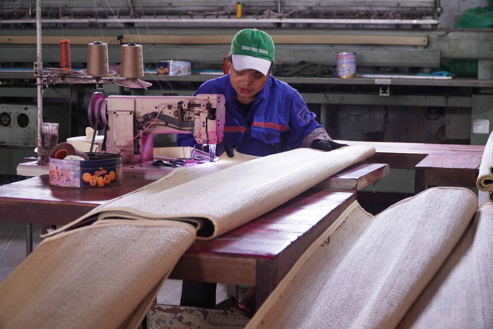 Machine weaving offers several advantages: thicker and more even mats, and significantly faster edging compared with traditional hand weaving. (Photo: VNA)