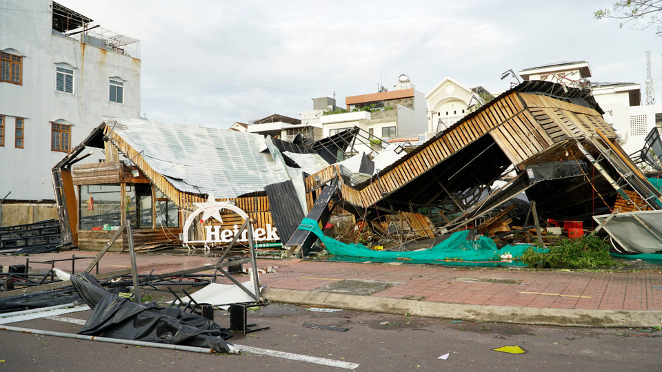 After the typhoon passed, scenes of devastation were seen on many streets in Quy Nhon ward (Gia Lai), where numerous trees, light poles, corrugated roofs, and signboards were blown down. (Photo: VNA)