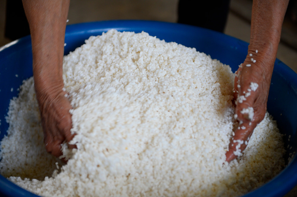 Glutinous rice is the “soul” of banh day in the festive tray of the Dao people. (Photo: VNA)