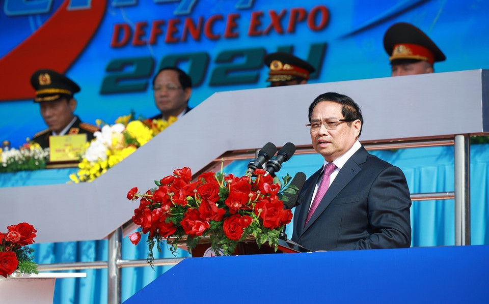 Prime Minister Pham Minh Chinh delivers speech at the Vietnam International Defence Expo 2024. Photo: VNA