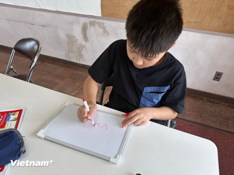 A first-grade male student carefully writes the words. (Photo: VietnamPlus)