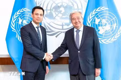 Ambassador Dang Hoang Giang (left) bids farewell to UN Secretary-General Antonio Guterres. (Photo: VNA)