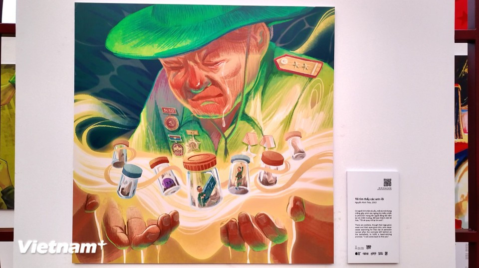 Amidst the joy, some works evoke emotional memories of fallen comrades. The painting “I’ve Found You” highlights remembrance and loss. (Photo: VietnamPlus)