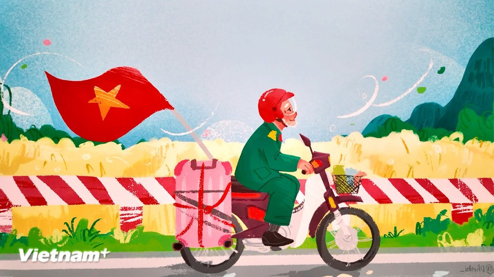 One of the exhibition's most popular topics depicts war veterans enjoying peaceful times. This illustration shows veteran Tran Van Thanh who travelled thousands of kilometres on his motorbike to participate in the celebration of the liberation of the South and national reunification. (Photo: VietnamPlus)