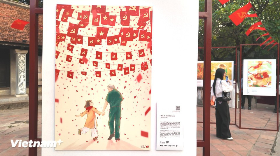 The exhibition features artistic interpretations of Vietnam’s historic milestones, including the 50th anniversary of the liberation of the South and national reunification, and the 80th anniversary of the August Revolution and National Day. (Photo: Vietnamplus)
