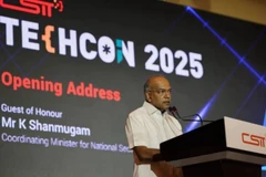 Coordinating Minister for National Security K. Shanmugam delivering his speech during the Tech Conference 2025 (Photo: The Straits Times)