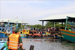 Soldiers of the Thanh Hai Border Guard Station examine fishing vessels docking at Phu Hai Port in Phu Thuy ward, Lam Dong province. (Photo: VNA)