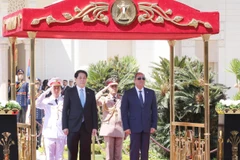 President Luong Cuong (L) at the red-carpet welcome ceremony hosted by President Abdel Fattah El-Sisi (Photo: VNA)