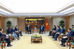 Prime Minister Pham Minh Chinh (R) hosts a reception for Hungarian Minister of Foreign Affairs and Trade Szijjártó Péter in Hanoi on March 19. (Photo: VNA)