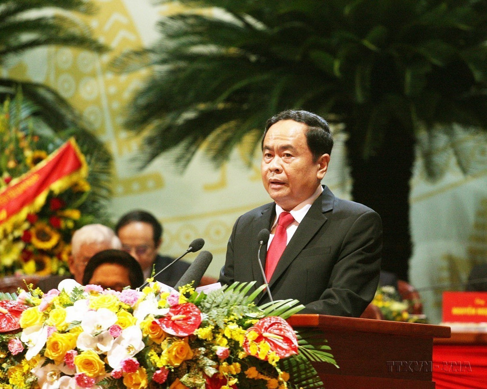 Comrade Tran Thanh Man, Party Central Committee Secretary and President of the Central Committee of the Vietnam Fatherland Front (8th term), delivers the opening speech at the 9th National Congress of the Vietnam Fatherland Front for the 2019-2024 term. (Photo: VNA)
