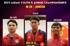 Vietnamese lifter K'Duong (centre) earns six golds in the 55kg category in the 2024 Asian Youth and Junior Weightlifting Championships in Doha, Qatar. (Photo of AWF)