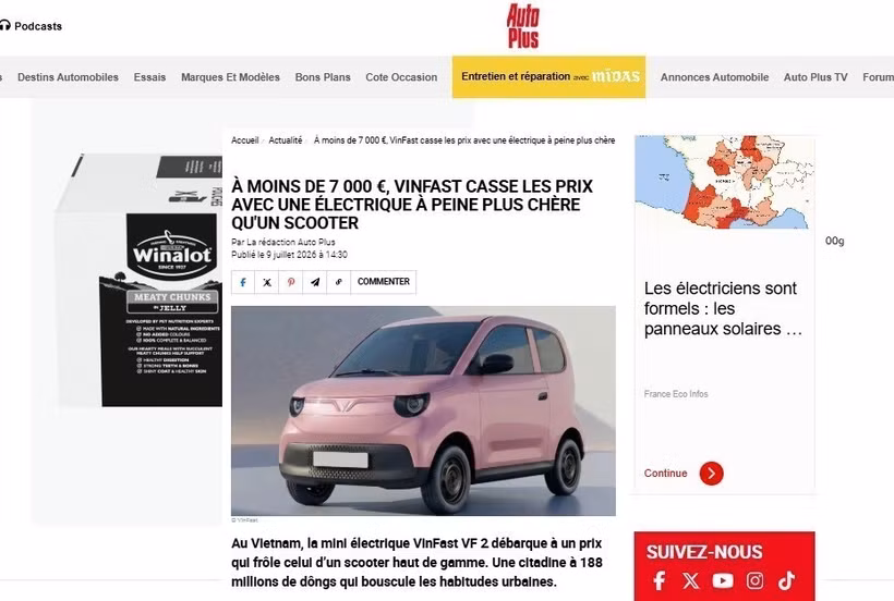 An article published on July 9, 2026 by Auto Plus, one of France's leading automotive magazines, gives a positive assessment of VinFast's VF 2 mini electric car. (Photo published by VNA) 