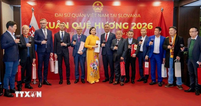 The Embassy of Vietnam in Slovakia presents gifts to overseas Vietnamese at the event. (Photo: VNA)