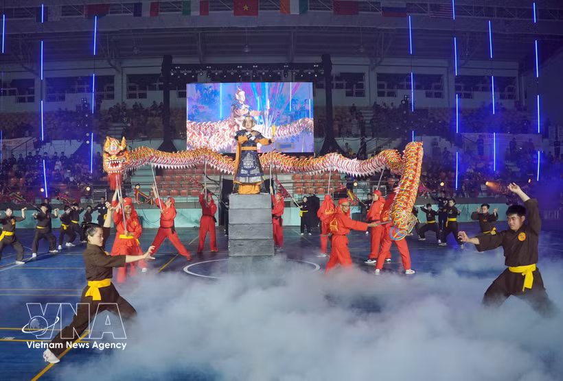 Martial artists perform in a mass demonstration at the opening ceremony. (Photo: VNA)
