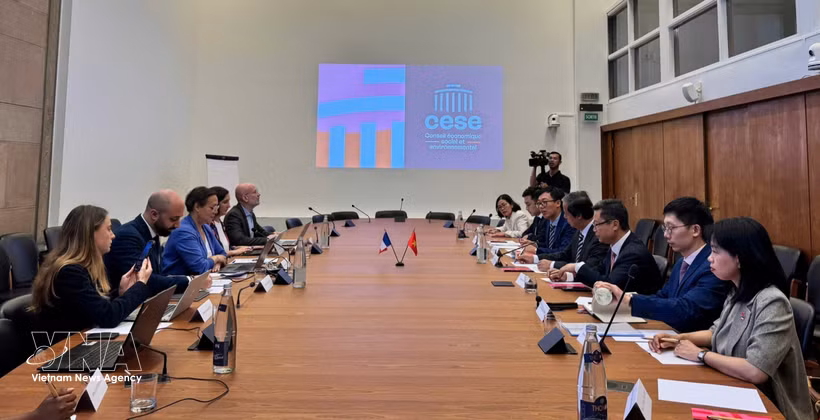 The Vietnamese delegation holds a working session with France's Economic, Social and Environmental Council (CESE) to exchange experience in public policymaking. (Photo: VNA)