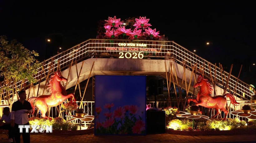 The spring flower market for the 2026 is brightly illuminated at night. (Photo: VNA) 