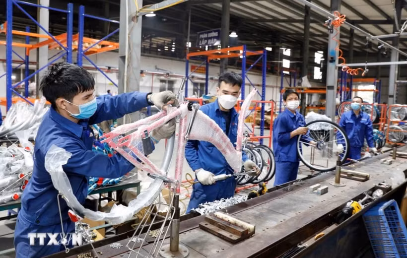 Workers assemble bicycles at the Thong Nhat Hanoi Joint Stock Company (Photo: VNA)