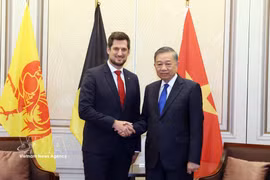 General Secretary of the Communist Party of Vietnam Central Committee and President To Lam (R) receives Minister-President of the Wallonia region Adrien Dolimont in Brussels on October 23. (Photo: VNA)