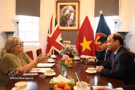 Le Hai Binh (right), Member of the Communist Party of Vietnam Central Committee and Permanent Deputy Director of the Ho Chi Minh National Academy of Politics, meets with Chair of the Communist Party of Britain Lorraine Douglas. (Photo: VNA)
