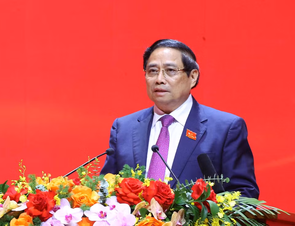 Politburo member, Secretary of the Party Committee, and Prime Minister Pham Minh Chinh delivers a speech at the event. (Photo: Van Diep - VNA)
