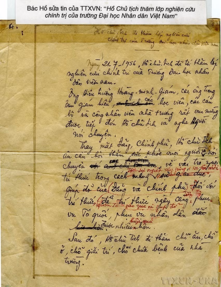 President Ho Chi Minh’s handwritten edits on a VNA news item. (Photo: VNA)