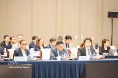 Deputy Minister of Agriculture and Environment Nguyen Quoc Tri (front, centre) leads the Vietnamese delegation to the APEC Ministerial Meeting on Forestry. (Photo: VNA) 