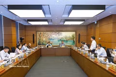 Members of the Hanoi delegation of National Assembly deputies discuss in a group the draft revised Penal Code. (Photo: VNA)