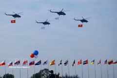 Helicopters perform a flypast at the opening ceremony of the Vietnam Defence Expo 2024. (Photo: VNA)